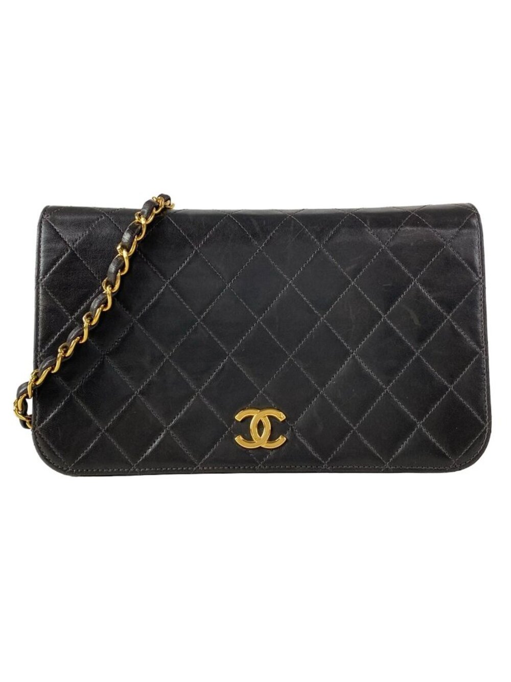 Chanel Shoulder Bag Single Flap Quilted Black Chain Gold Full Push Lock